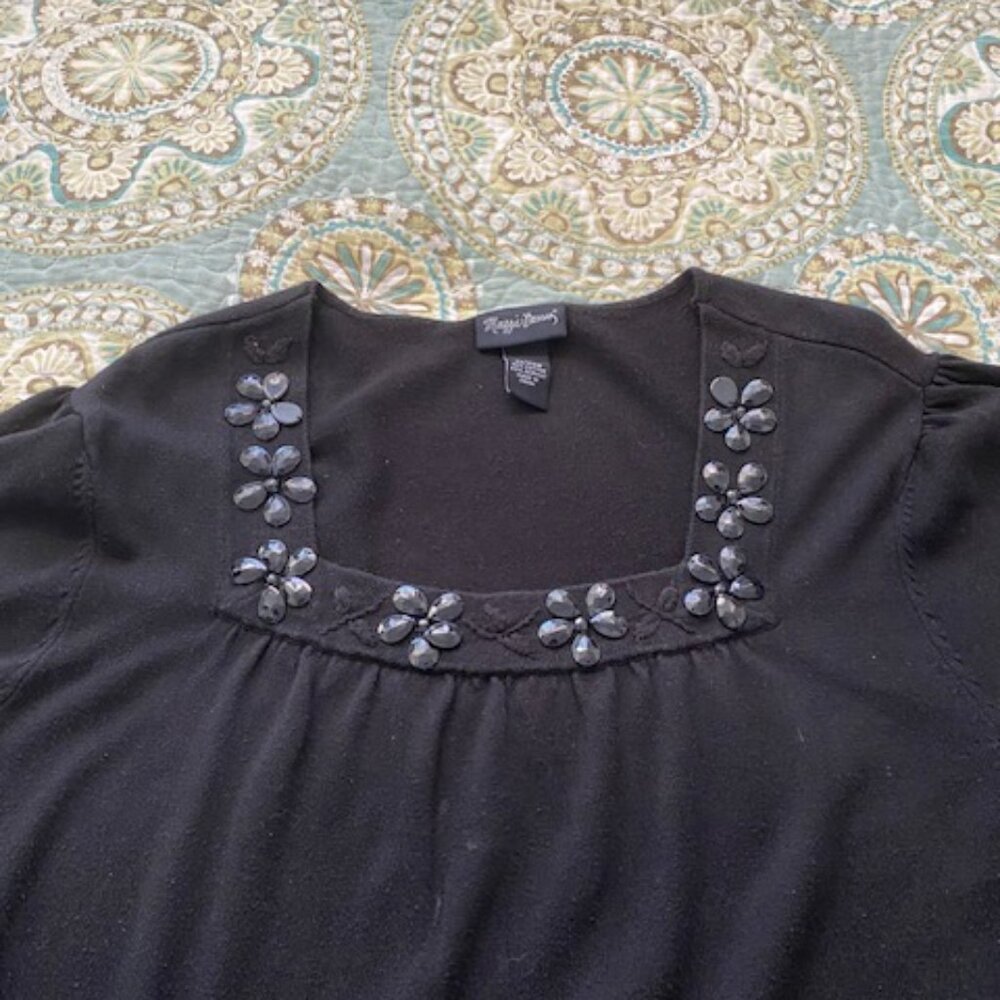 Maggie Barnes Plus-size Black Square Neck Sweater with Faux Rhinestone Trim